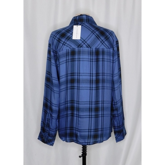 NWT!! WEWOREWHAT Boyfriend Shirt Plaid Navy Blue Collared Oversized Small Medium - Picture 8 of 15